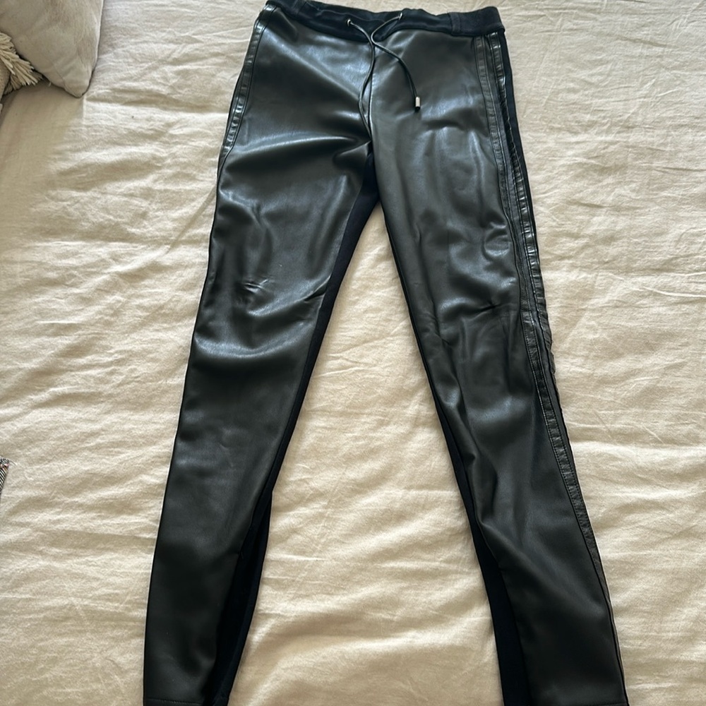 Black pleather leggings with drawstring